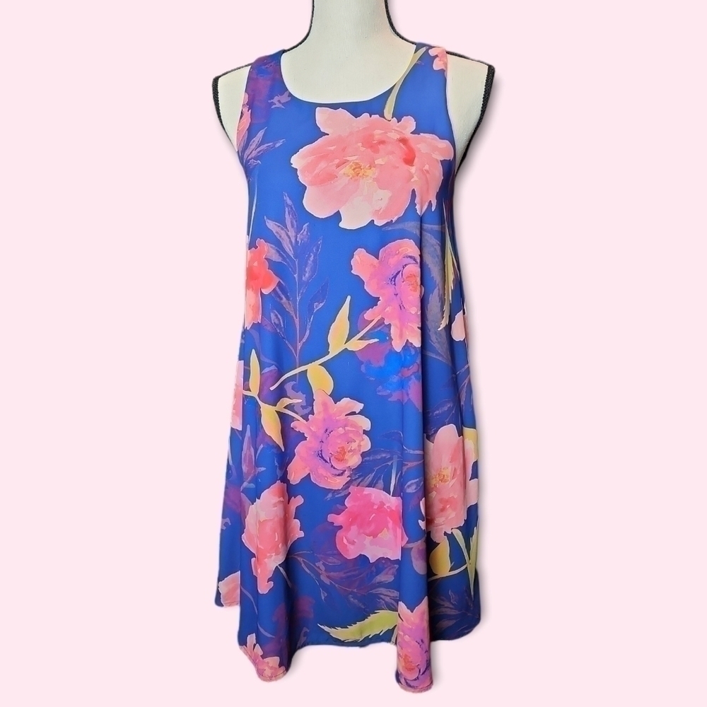 Blue & Pink Floral Print Lightweight Flowy Sleeveless Mini Dress Size Small